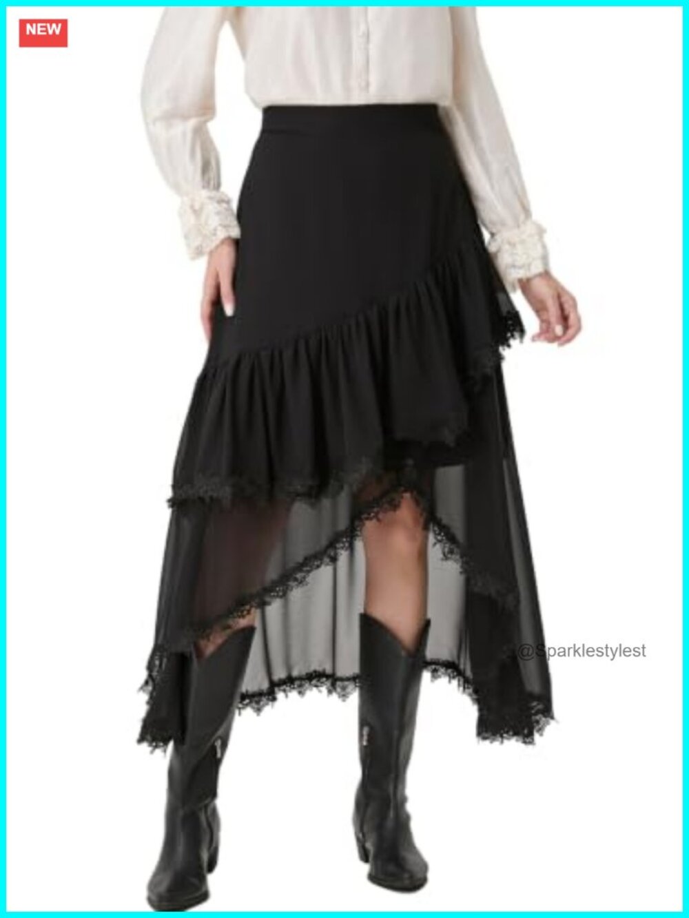 Victorian Asymmetrical Lace Ruffle Tiered Maxi Skirt High Waisted Flowy